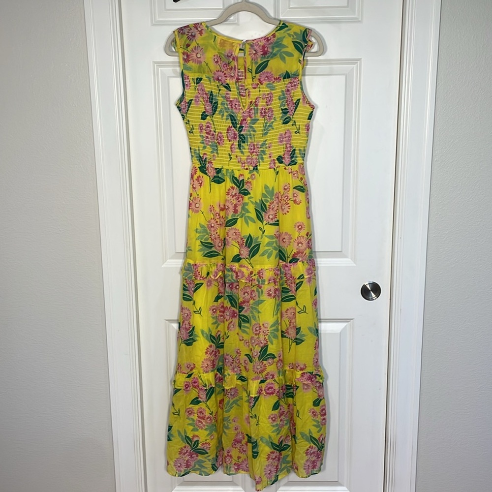 Madewell Banjanan Iris Smocked Midi Dress Medium Floral Smocked Pockets Yellow - Picture 11 of 15
